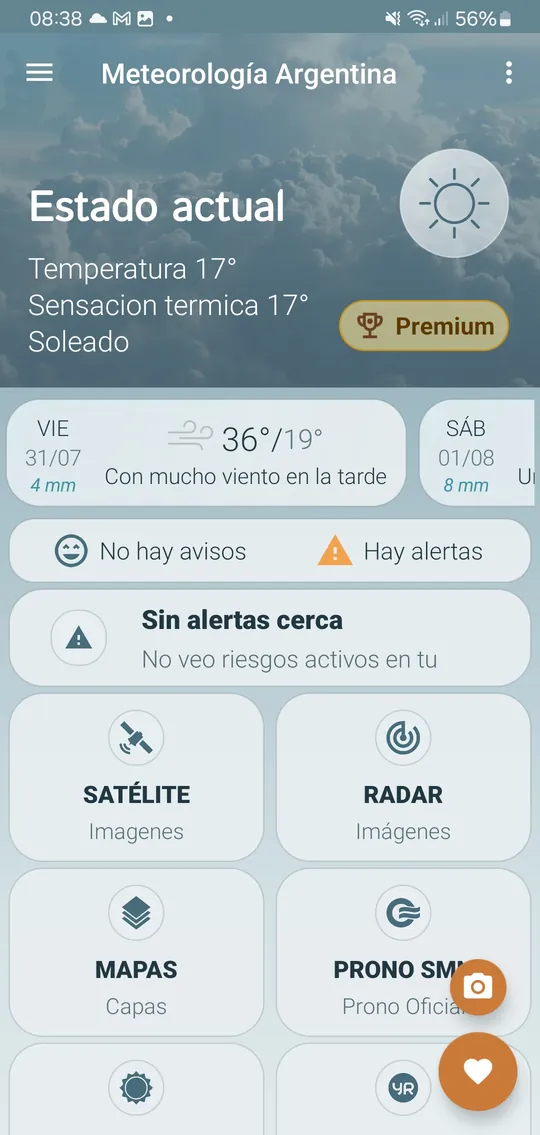 Inicio de la app con el estado actual y las alertas