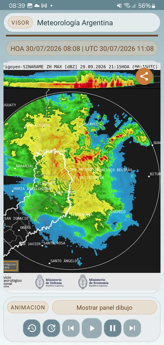 Radar meteorológico de Bernardo de Irigoyen animado en la app